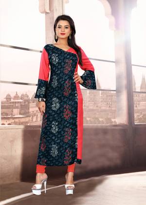 For Your College, Home Or Work Place, This Kurti Is Suitable For All. Grab This Readymade Kurti In Navy Blue And Pink Color Fabricated On Khadi Cotton Beautified With Prints. 