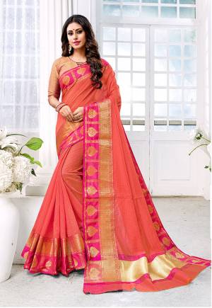 Look Pretty In This Designer Silk Based Saree In Dark Pink Color Paired With Dark Pink Colored Blouse. This Saree Is Fabricated On Cotton Silk Paired With Brocade Fabricated Blouse. It Is Beautified With Weave All Over Giving It An Attractive Look. 