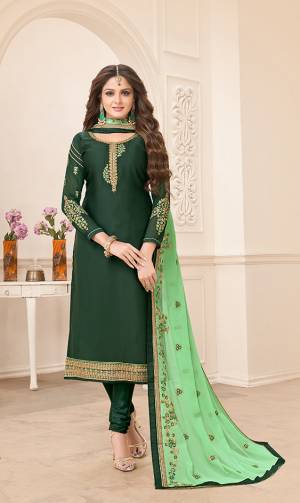 Opt For A Minimal Chic Look With This Designer Straight Suit In Dark Green Color Paired With Light Green Colored Dupatta. Its Top Is Fabricated On Satin Georgette Paired With Santoon Bottom And Georgette Fabricated Dupatta. Buy This Suit Now.