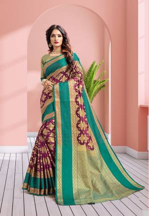 Rich And Elegant Looking Designer Silk Based Saree Is Here In Purple Color Paired With Contrasting Blue Colored Blouse. This Saree Is Fabricated On Banarasi Art Silk Paired With Art Silk Fabricated Blouse. Buy This Saree Now.
