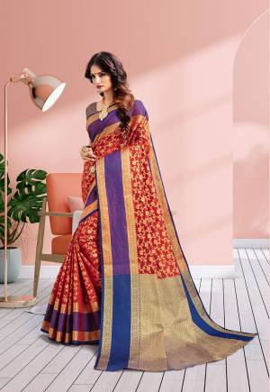 Rich And Elegant Looking Designer Silk Based Saree Is Here In Red Color Paired With Contrasting Gold & Navy Blue Colored Blouse. This Saree Is Fabricated On Banarasi Art Silk Paired With Art Silk Fabricated Blouse. Buy This Saree Now.