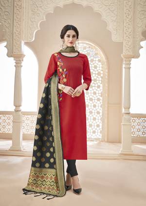 Add This Beautiful Designer Straight Suit To Your Wardrobe In Red Colored Top Paired With Black Colored Bottom And Dupatta. Its Thread Embroidered Top Is Fabricated On Cotton Slub Paired With Cotton Bottom And Banarasi Jacquard Dupatta. 