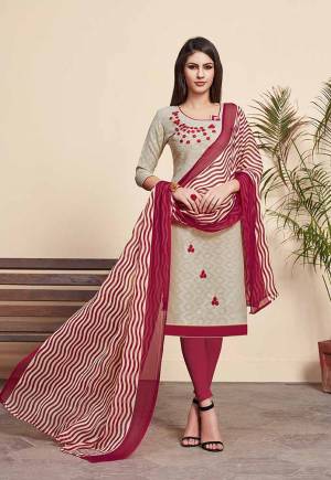 Simple And Elegant Looking Dress Material Is Here In Beige Colored Top Paired With Maroon Colored Bottom And Maroon & Beige Colored Dupatta. Its Top Is Fabricated On Jacquard Silk Paired With Cotton Bottom And Chiffon Fabricated Dupatta. Buy This Pretty Dress Material Now.