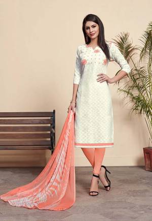 If Those Readymade Suit Does Not Lend You The Desired Comfort Than Grab This Dress Material In White Colored Top Paired With Peach Colored Bottom And Dupatta. Its Top Is Fabricated On Jacquard Cotton Silk Paired With Cotton Bottom And Chiffon Fabricated Dupatta. Get This Stitched As Per Your Desired Fit And Comfort. 