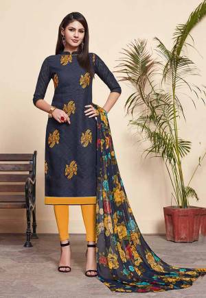 Celebrate This Festive Season With Beauty And Comfort Wearing This Designer Suit In Navy Blue Colored Top Paired With Musturd Yellow Colored Bottom And Navy Blue Colored Dupatta. This Dress Material Is Fabricated On Jacquard Cotton Silk Paired With Cotton Bottom And Chiffon Fabricated Dupatta. Buy Now.