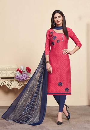 For Your Casual Wear, Grab This Pretty Dress Material And Get This Stitched As Per Your Desired Fit And Comfort. Its Top Is In Red Color Paired With Contrasting Navy Blue Colored Bottom And Dupatta. Its Top Is Fabricated On Jacquard Cotton Silk Paired With Cotton Bottom And Chiffon Fabricated Dupatta. 