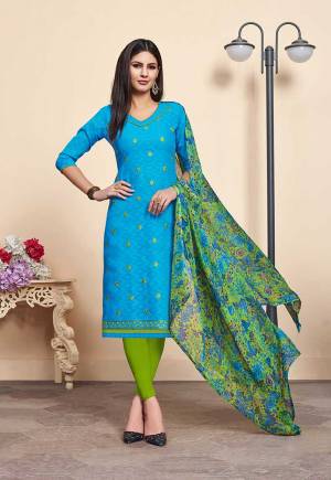 If Those Readymade Suit Does Not Lend You The Desired Comfort Than Grab This Dress Material In Blue Colored Top Paired With Green Colored Bottom And Green & Blue Dupatta. Its Top Is Fabricated On Jacquard Cotton Silk Paired With Cotton Bottom And Chiffon Fabricated Dupatta. Get This Stitched As Per Your Desired Fit And Comfort. 