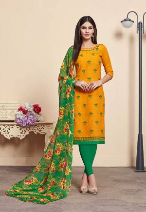 Celebrate This Festive Season With Beauty And Comfort Wearing This Designer Suit In Musturd Yellow Colored Top Paired With Green Colored Bottom And Dupatta. This Dress Material Is Fabricated On Jacquard Cotton Silk Paired With Cotton Bottom And Chiffon Fabricated Dupatta. Buy Now.