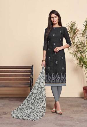 Simple And Elegant Looking Dress Material Is Here In Black Colored Top Paired With Grey Colored Bottom And Grey & White Colored Dupatta. Its Top Is Fabricated On Jacquard Silk Paired With Cotton Bottom And Chiffon Fabricated Dupatta. Buy This Pretty Dress Material Now.