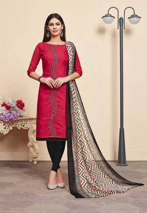 If Those Readymade Suit Does Not Lend You The Desired Comfort Than Grab This Dress Material In Red Colored Top Paired With Black Colored Bottom And White & Black Dupatta. Its Top Is Fabricated On Jacquard Cotton Silk Paired With Cotton Bottom And Chiffon Fabricated Dupatta. Get This Stitched As Per Your Desired Fit And Comfort. 