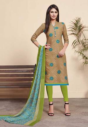 Celebrate This Festive Season With Beauty And Comfort Wearing This Designer Suit In Beige Colored Top Paired With Green Colored Bottom And Blue & Green Colored Dupatta. This Dress Material Is Fabricated On Jacquard Cotton Silk Paired With Cotton Bottom And Chiffon Fabricated Dupatta. Buy Now.