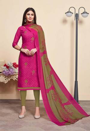 For Your Casual Wear, Grab This Pretty Dress Material And Get This Stitched As Per Your Desired Fit And Comfort. Its Top Is In Dark Pink Color Paired With Contrasting Brown Colored Bottom And Brown & Dark Pink Dupatta. Its Top Is Fabricated On Jacquard Cotton Silk Paired With Cotton Bottom And Chiffon Fabricated Dupatta. 