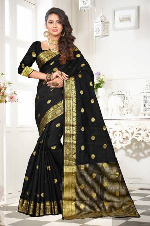 Grab This Designer Rich And Elegant Looking Saree In Black Color Paired With Black Colored Blouse. This Saree And Blouse Are Fabricated On Art Cotton Silk Beautified With Weave Butti And Lace Border. Buy This Saree Now.