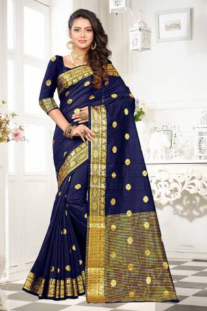 Grab This Designer Rich And Elegant Looking Saree In Navy Blue Color Paired With Navy Blue Colored Blouse. This Saree And Blouse Are Fabricated On Art Cotton Silk Beautified With Weave Butti And Lace Border. Buy This Saree Now.