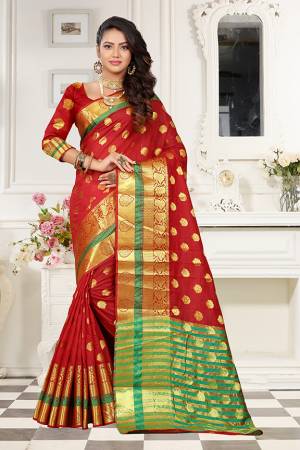 Grab This Designer Rich And Elegant Looking Saree In Rust Orange Color Paired With Rust Orange Colored Blouse. This Saree And Blouse Are Fabricated On Art Cotton Silk Beautified With Weave Butti And Lace Border. Buy This Saree Now.