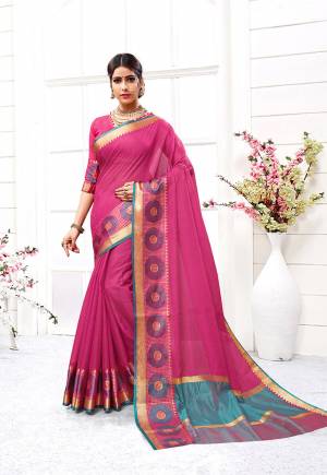 Look Pretty In This Simple And Elegant Looking Designer Saree In Dark Pink Color Paired With Dark Pink Colored Blouse. This Saree And Blouse are Fabricated On Cotton Silk Beautified With Weave Over Lace Border. 