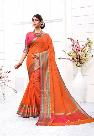 Adorn the Pretty Angelic Look In This Designer Silk Based Saree In Orange Color. This Saree And Blouse Are Fabricated On Cotton Silk Beautified With Weave Giving The Saree An Attractive Look.
