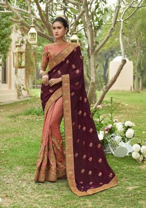 Colors Add Beauty To Life And Clothes. Grab This Beautiful Color Pallete Designer Saree In Wine And Dusty Pink Color Paired With Dusty Pink Colored Blouse. This Saree Is Fabricated On Georgette And Soft Silk Paired With Art Silk Fabricated Blouse. Its Pretty colors And Rich Fabric Will Give You A Beautiful Look Like Never Before. 