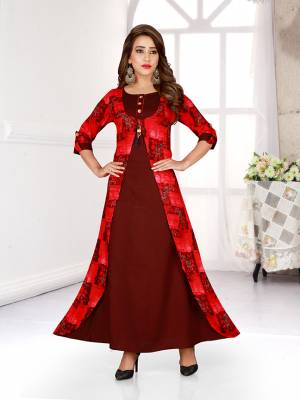 Grab This Pretty Readymade Gown For Your Semi-Casuals In Maroon And Red Color Fabricated On Rayon. It Has Printed Jacket Pattern And Available In All Regular Sizes. Buy Now.