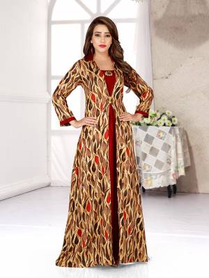 Grab This Pretty Readymade Gown For Your Semi-Casuals In Beige And Red Color Fabricated On Rayon. It Has Printed Jacket Pattern And Available In All Regular Sizes. Buy Now.