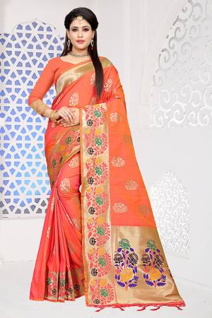Celebrate This Festive Season Wearing This Designer Silk Based Saree In Orange Color Paired With Orange Colored Blouse, This Saree And Blouse Are Fabricated On Art Silk Beautified With Weave. Buy This Saree Now.