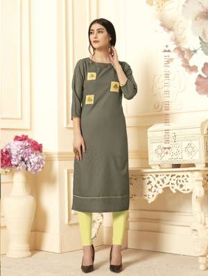 For Your Semi-Casuals, Grab This Readymade Kurti In Olive Green Color Fabricated On Cotton Slub Beautified With Patch Work. It IS Light In Weight And Available In All Regular Sizes. 