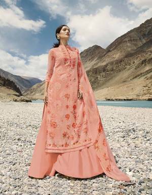 Look Pretty In This Designer Straight Cut Suit In Dark Peach Color. Its Pretty Embroidered Top Is Fabricated On Georgette Paired With Santoon Bottom And Digital Printed Georgette Fabricated Dupatta. Its Pretty Floral Prints And Embroidery Will Earn you Lots Of Compliments From Onlookers. 