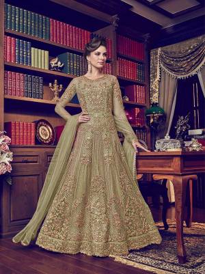 Look Pretty Wearing This Designer Floor Length Suit In Pastel Green Color Paired With Pastel Green Colored Bottom And Dupatta. Its Top Is Fabricated On Net Paired With Santoon Bottom And Net Fabricated Dupatta. 