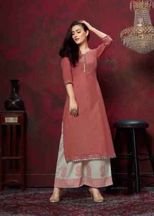 Grab This Very Pretty Designer Readymade Plazzo Set In Rust Red Colored Top Paired With Off-White Colored Bottom. This Kurti And Plazzo Are Fabricated On Cotton And Available In All Regular Sizes. Buy This Pretty Pair Now.