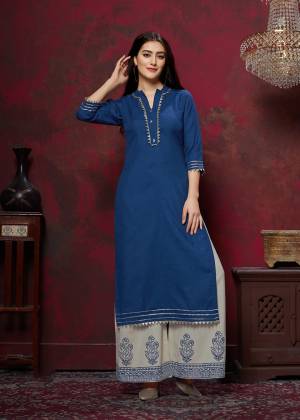 Grab This Very Pretty Designer Readymade Plazzo Set In Royal Blue Colored Top Paired With Off-White Colored Bottom. This Kurti And Plazzo Are Fabricated On Cotton And Available In All Regular Sizes. Buy This Pretty Pair Now.