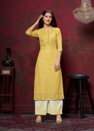 Grab This Very Pretty Designer Readymade Plazzo Set In Yellow Colored Top Paired With Off-White Colored Bottom. This Kurti And Plazzo Are Fabricated On Cotton And Available In All Regular Sizes. Buy This Pretty Pair Now.