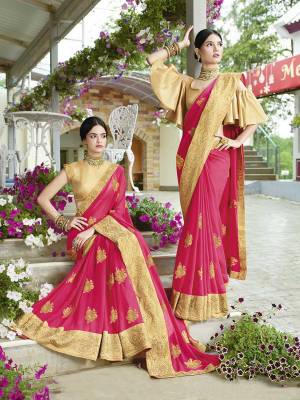 Look Beautiful Wearing This Very Pretty Designer Saree In Dark Pink Color Paired With Golden Colored Blouse. This Saree Is Georgette Based Paired With Art Silk Fabricated Blouse. 