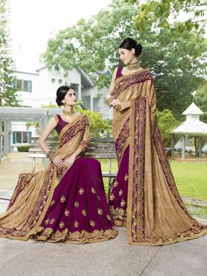 Look Beautiful Wearing This Very Pretty Designer Saree In Beige And Purple Color Paired With Purple Colored Blouse. This Saree Is Fabricated On Brasso And Georgette Based Paired With Art Silk Fabricated Blouse. 