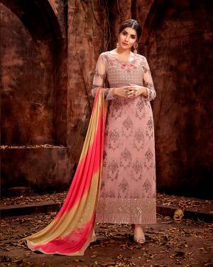 Look Pretty In This Beautiful Designer Straight Suit In Baby Pink Color Paired With Contrasting Shaded Dupatta In Yellow And Pink Color. Its Top IS Georgette Based Paired With Santoon bottom And Chiffon Fabricated Dupatta. 
