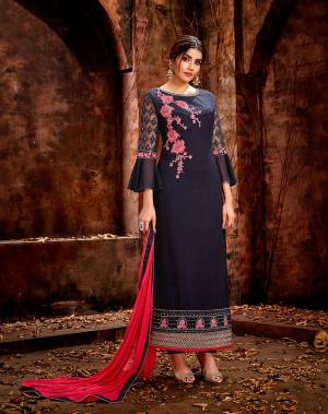 Enhance Your Personality Wearing This Designer Straight Cut Suit In Navy Blue Color Paired With Contrasting Dark Pink Colored Dupatta. Its Top IS Fabricated On Georgette Paired With Santoon Bottom And Chiffon Fabricated Dupatta. Buy Now.
