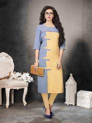 Grab This Pretty Simple Readymade Kurti For Your Casual Wear In Blue & Cream Color Fabricated On Khadi Cotton. It Is Available In All Regular Sizes.