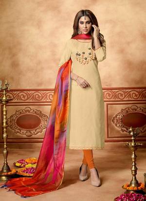 Simple And Elegant Looking Straight Suit Is Here In Cream Colored Top Paired With Orange Colored Bottom And Multi Colored Dupatta. Its Top And Bottom Are Cotton Based Paired With Art Silk Fabricated Dupatta. Its Top Is Beautified With Hand Work. 
