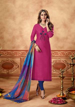 For A Bold And Beautiful Look, Grab This Pretty Dress Material In Magenta Pink Colored Top Paired With Dark Blue Colored Bottom And Multi Colored Dupatta. Its Top Is Fabricated On Cotton Slub Paired With Cotton Bottom And Art Silk Fabricated Dupatta. 