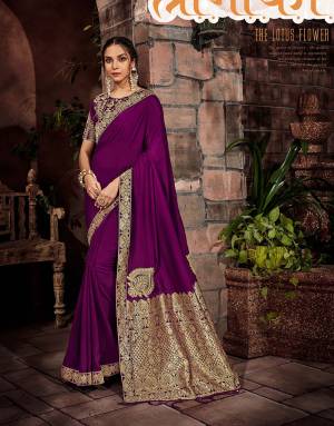 The queen of flowers - the golden, weaved lotus motif is essentially the principle element of the saree and so is the queenly hue of purple. 