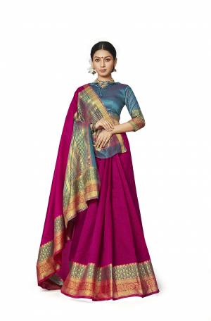 Grab This Rich And Elegant Looking Silk Based Saree In Magenta Pink Color Paired With Contrasting Blue Colored Blouse. This Saree And Blouse Are Fabricated On Art Silk Beautified With Weave Lace Border. Buy Now.