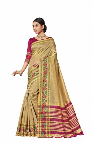 Grab This Rich And Elegant Looking Silk Based Saree In Beige Color Paired With Contrasting Magenta Pink Colored Blouse. This Saree And Blouse Are Fabricated On Art Silk Beautified With Weave Lace Border. Buy Now.