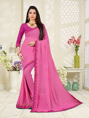 Go With The Pretty Shades Of Pink With This Printed Saree In Pink Color Paired With Rani Pink Colored Blouse. This Saree And Blouse Georgette bAsed Beautified With prints.