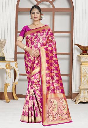 Shine Bright Wearing This Attractive Looking Rani Pink Colored Silk Based Saree Paired With Rani Pink Colored Blouse. It Is Beautified With Heavy Weave And Also Its Easy To Carry All Day Long. 