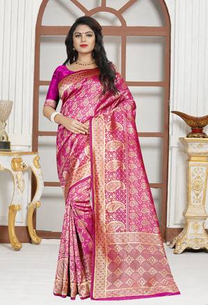Shine Bright Wearing This Attractive Looking Rani Pink Colored Silk Based Saree Paired With Rani Pink Colored Blouse. It Is Beautified With Heavy Weave And Also Its Easy To Carry All Day Long. 