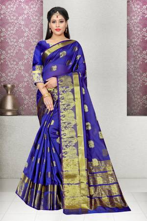 Shine Bright In This Very Beautiful Silk Based Weaved Saree In Royal Blue Color Paired With Royal Blue Colored Blouse. This Saree And Blouse are Fabricated on Cotton Silk Which Also Gives A Rich Look To Your Personality. 