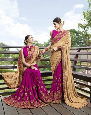 Get Ready For The Upcoming Festive And Wedding Season With This Designer Saree In Beige And Rani Pink Color Paired With Rani Pink Colored Blouse. This Saree Is Fabricated On Georgette Paired With Art Silk Fabricated Blouse. 