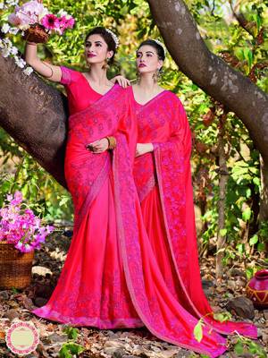 Bright And Visually Appealing Color Is Here With This Designer Saree In Dark Pink Color Paired With Dark Pink Colored Blouse. This Saree Is Fabricated On Satin Paired With Art Silk Fabricated Blouse. It Is Light In Weight And Easy To Carry All Day Long. 