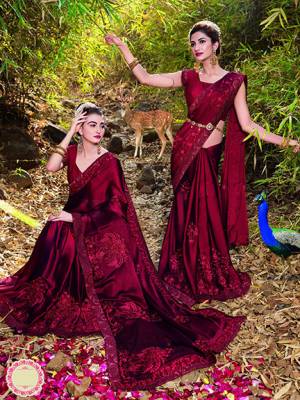 For A Royal Look, Grab This Very Beautiful Designer Saree In Maroon Color Paired With Maroon Colored Blouse, This Saree Is Fabricated On Satin Beautified With Tone To Tone Embroidery Paired With Art Silk Fabricated Blouse. Buy This Saree Now.