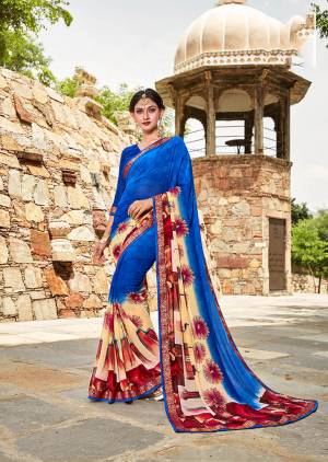 Bright And Viually Appealing Color IS Here With This Pretty Saree In Royal Blue Color Paired With Royal Blue Colored Blouse. This Saree And Blouse Are Fabricated On Weightless Georgette Beautified With Contrasting Floral Prints. 