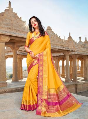 Celebrate This Festive Season With Beauty And Comfort Wearing This Designer Silk Saree In Yellow Color Paired With Yellow Colored Blouse. This Saree And Blouse Are Fabricated On Banarasi Art Silk Beautified With Weave. 